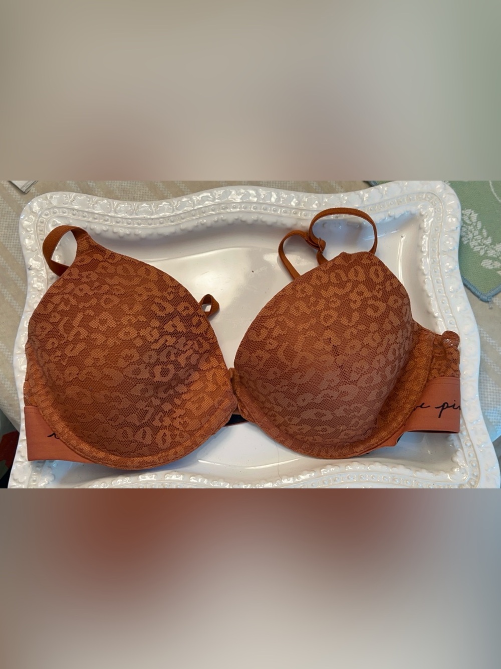 Victoria Secret PINK Wear Everywhere Bra Rust/Copper Lace Overlay Size 34C